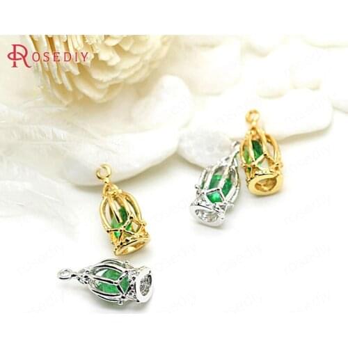 F324)4 pieces 15*7mm 24K Gold Color Plated Brass with Zircon Small Bird Cage Charms Diy Jewelry Findings Accessories Wholesale