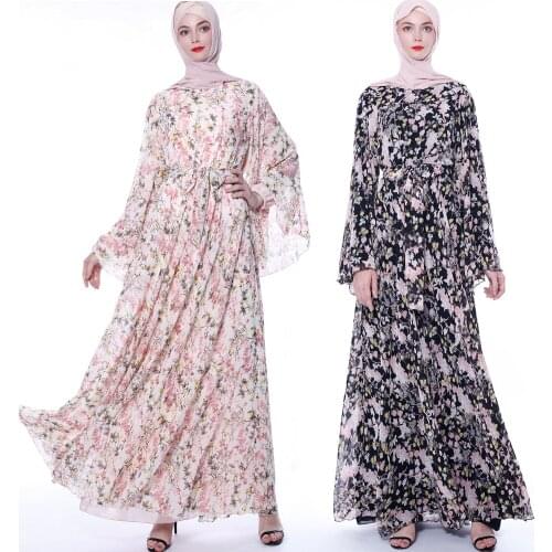 Dubai Muslim Hijab Dress Women Boho Floral Flare Sleeve Abaya Dresses Islamic Kimono Moroccan Kaftan Jubah Jilbab Long Elbise