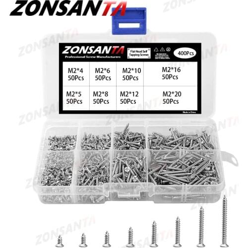 ZONSANTA 400Pcs M2 Cross Flat Head Self Tapping Screw Assortment Kit Wood Thread Nail Screw Sets DIY Countersunk Head Smal Scres