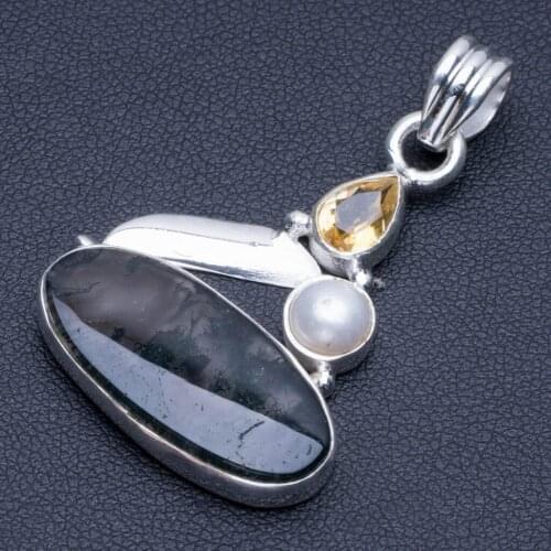 Natural Moss Agate,River Pearl and Citrine Punk Style 925 Sterling Silver Pendant 1 3/4" Q1172