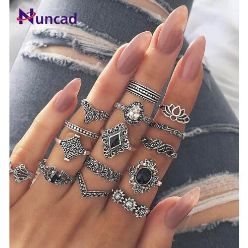 New Personality15 Piece Set Ring Bohemian Vintage Style Ring Ancient Anemone Female New Ring Fashion Ring set for Women