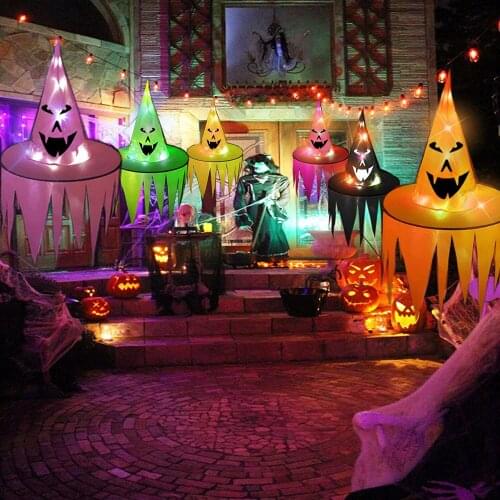 Colortful LED Hanging Lighted Witch Hat Halloween Luminous Toys for Kids Party Indoor Outdoor Lawn Yard Decorations
