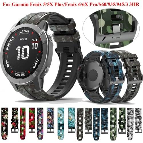 26 22mm Sport Printing Silicone Watchband Wrist Strap For Garmin Fenix 6X 6 Pro 5X 5 Plus 3HR 935 EasyFit Quick Release Bracelet