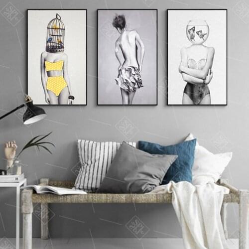 Nordic Black and White Minimalist Character Canvas Painting Fish Tank Posters and Prints Wall Art Picture Living Room Home Decor