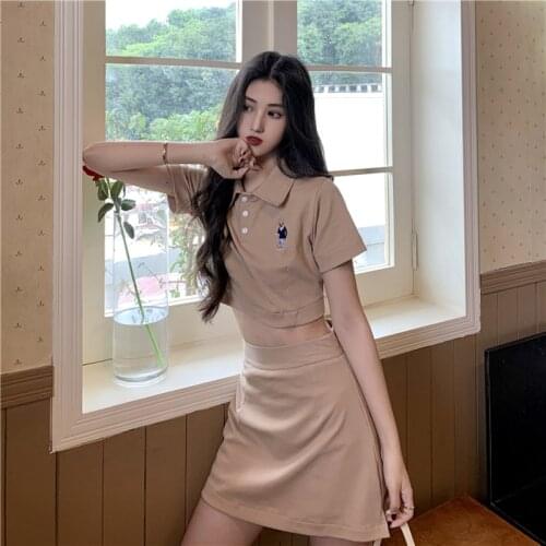 Lapel T-Shirt Set Dress Sweet Shorts Sets Solid Skirts Student Two Piece Set Women Skirt Bareback Sport 2 Piece Sets 2021