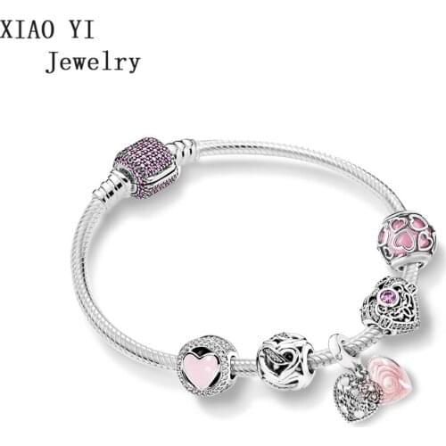 XIAOYI jewelry 100% S925 11 charm pink twine love beads 792036PCZ beads DIY jewelry girl gentle beautiful