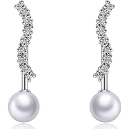 Elegant Ladies Womens 925 Sterling Silver Wave Design Cubic Zircon 925 Stud Earring Fashion Jewelry With Big Pearl