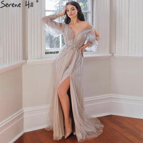 Serene Hill Brown Luxury Beaded A-Line Evening Gown 2021 Lantern Sleeves Sexy V-Neck For Women Formal Party Dress CLA71238