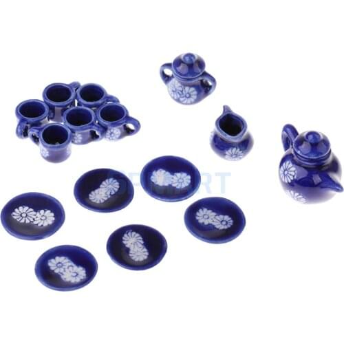 15 Pieces Floral Chrysanthemums Ceramic Tea Pot Cup Saucer Teaware Set 1/12 Dollhouse Miniature Accessories