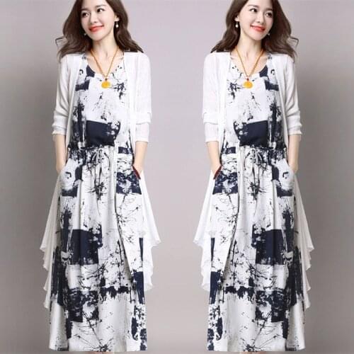2021 New Summer Suit Women Maxi Party Beach Dress Lace Up Waist Slim Long Shawl Leisure Skirt Two Piece Set Plus Size Sundress