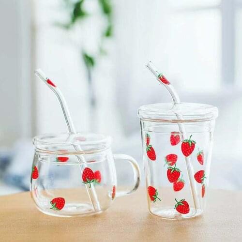 350ML Strawberry Glass Cup Travel Coffee Cup Glass Heat Resistant Transparent Water Cup Straw For Home OffIce Gift for Childen