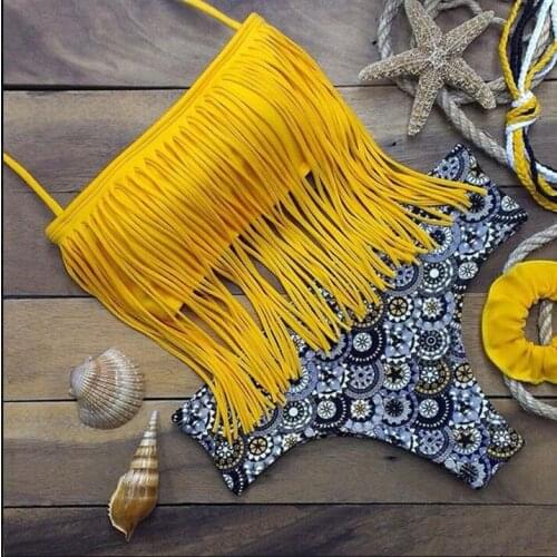 Bikini push up Swimwear Women Beach Monokini Swimsuit Tassel Printing Style Biquini Maio Mujer Trikini Badpak Maillot femme