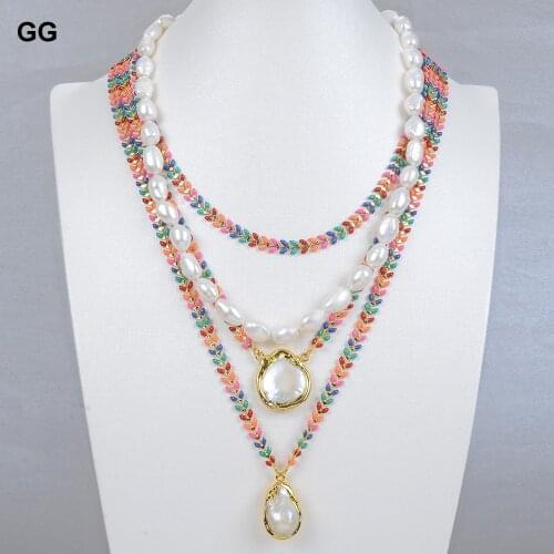 GuaiGuai Jewelry Multi Color Enamel Chain Cultured White Baroque Pearl Statement Necklace Keshi Pearl Charm Pendant Necklace