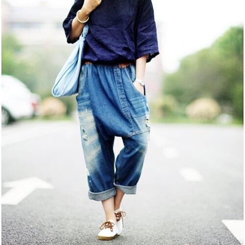 Plus size Boyfriend Jeans Women streetwear Ripped Hole Wide Leg Harem Pants Baggy hip hop Drop Crotch Denim Trousers