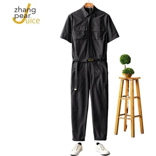 Mens Jumpsuit Short Sleeve Lapel Overalls Hip Hop Streetwear Loose Cargo Pants Green Black Trousers