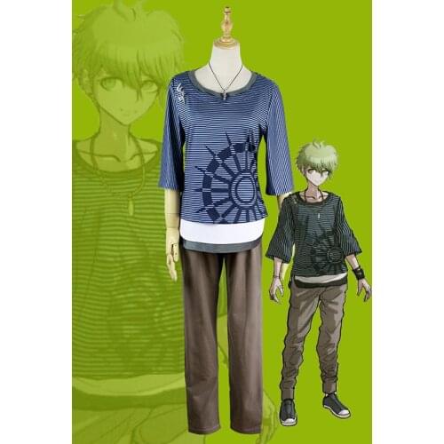 Danganronpa V3 Rantaro Amami Cosplay Costume Blue Striped Top Brown Pants Dangan Ronpa Mardi Gras Halloween Party Streetwear