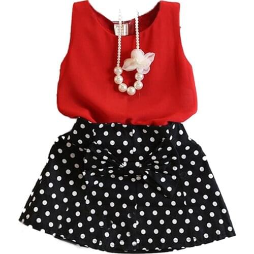 Summer Fashion Kid Girls Sleeveless Red Chiffon Tops Bowknot Dot Skirt Clothes Set Cute Girls Baby Kids Clothes Outfits Set 2~7Y