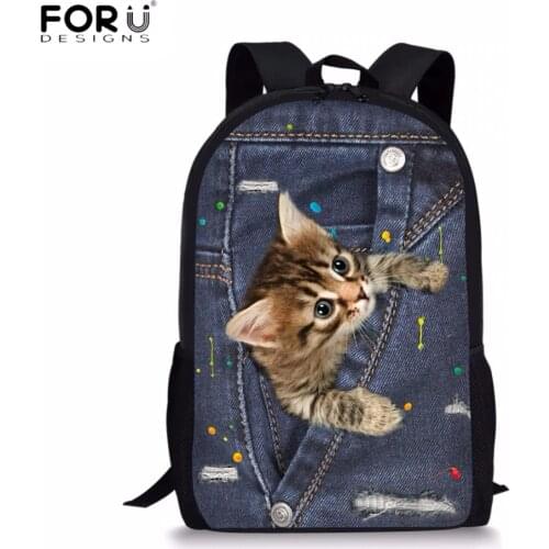 FORUDESIGNS Kawaii 3D Animal Black Denim Pocket Cat/Kitten Print Boys Girls School Bags Primary Students Backpacks Kids Satchel