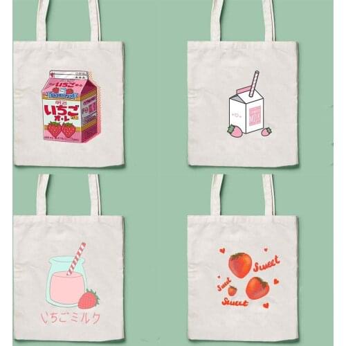 Fashion Strawberry Milk Printed Shopping Bags Harajuku Shoulder Pouch Tumblr Graphic Handbag Eco Casual Totes Large Capacity Bag