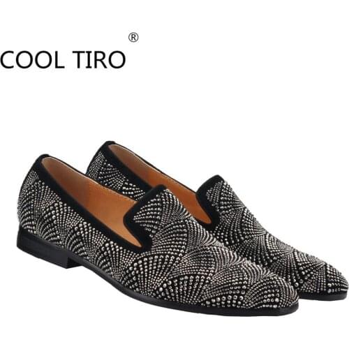 COOL TIRO Black suede Gun Rhinestone Mens Slip on Flats Loafers shoes Moccasins smoking formal prom Casual sliders dress shoes