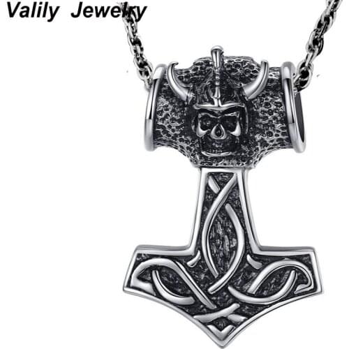 Valily Mens Silver Thor hammer skull pendant necklace Stainless steel Norse Viking Necklace jewelry punk long necklaces 23"chain