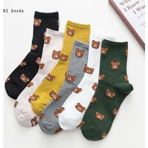 Hot Kawaii Bear Women Socks Cotton Color Fashion Yellow White Cartoon Harajuku Funny Japanese College style Happy Girls sockings