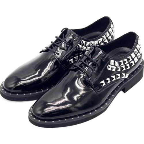 Novelty Rivet Black Party shoes Genuine Leather Mens shoes Formal High Quality Lace up Dress shoes for men