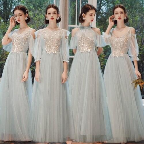 Bridesmaids Dress A-Line Appliques Embroidery Spaghetti Straps V-Neck Floor-Length Embroidery Tulle Lady Wedding Party Gown E138