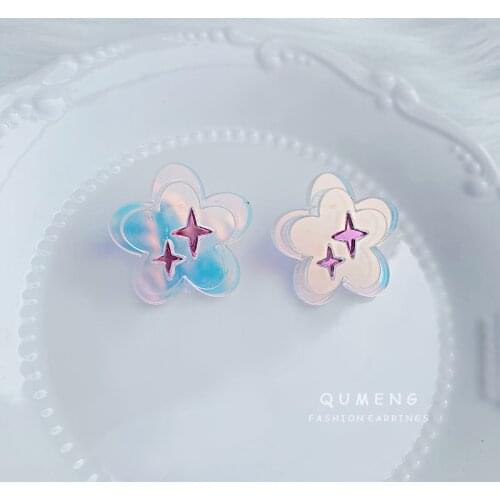 2021 Korean Cute Acrylic Transparent Colorful reflection Shining Flower Star Stud Earrings For Girls Delicate Daily Wear Jewelry