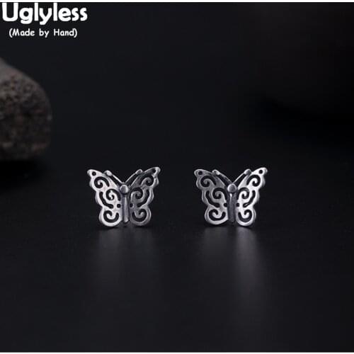 Uglyless Real 925 Sterling Silver Handmade Hollow Butterfly Stud Earrings for Women MINI Butterflies Studs Thai Silver Jewelry