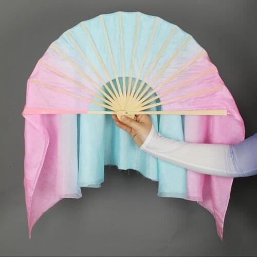 Peacock Blue Magic Pink Mixed Real Silk Veils 100% Silk Women Yangko Dance Fan Pair Two Layer Half Circle Light Dance Prop 76cm