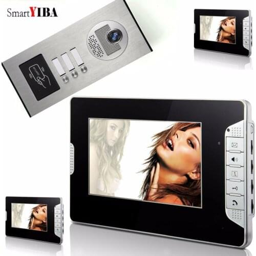 SmartYIBA 3 Apartment Video Intercom 7 Inch Monitor Video Door Phone Doorbell Kit Night Vision RFID Access Doorbell IR Camera
