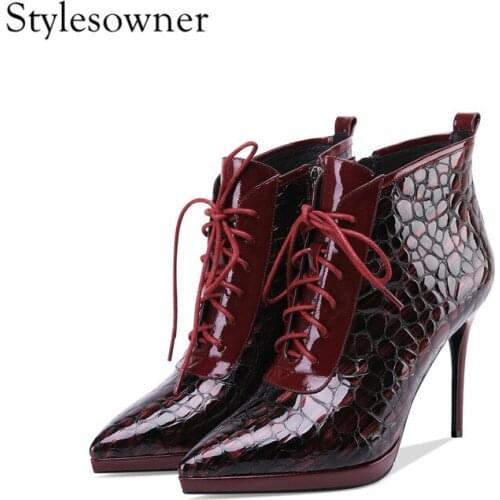 Stylesowner 2018 Soft Leather Hand-made Woman Boots Super High Heels 10cm Pointed Toe Stone Skin Autumn Winter Boots Lace-up