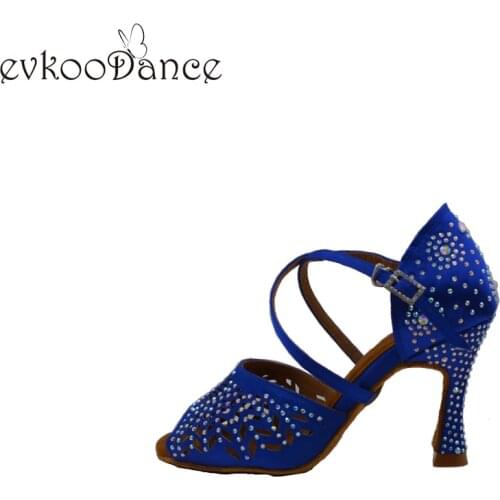 Blue color crystal Evkoodance Women Shoes satin latin dance shoes 7cm flower pu Professional Latin Ballroom Dance Shoes