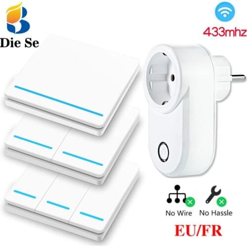 Smart Socket 220V 15A Electrical Outlet 433Mhz RF plug with Wireless Push Button Wall Panel Switch for Light, Home Appliance
