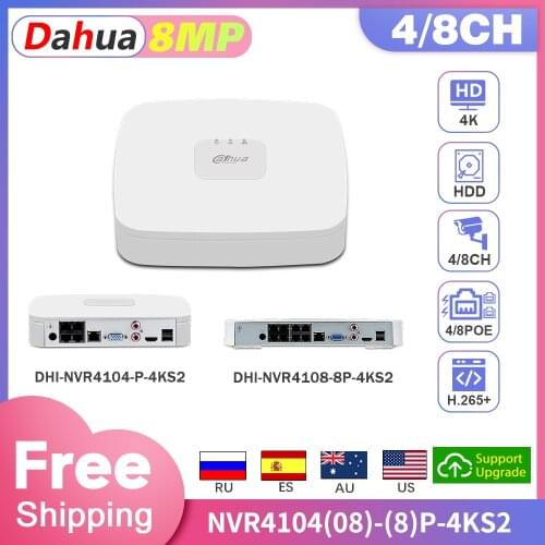Dahua Original NVR POE 8MP 4K Video Recorder Camera NVR 8 Channel 4 Canais NVR4108-8P-4KS2 NVR4104-P-4KS2 IVS H.265 IPC UPnP