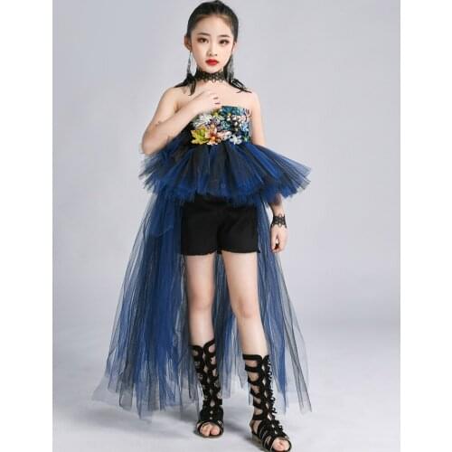 High End Kids Girls Blue Black Dress and Necklace Children New Summer Party Tutu Dresses Kids Girls Performance Clothes
