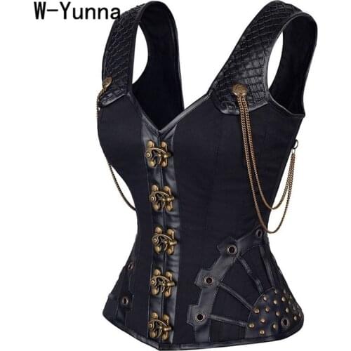 W-Yunna Steampunk Corset Leather Corset Corsages Sexy Corsage Corset Steel Straitjacket Bodice Waste Trainer Collared Top