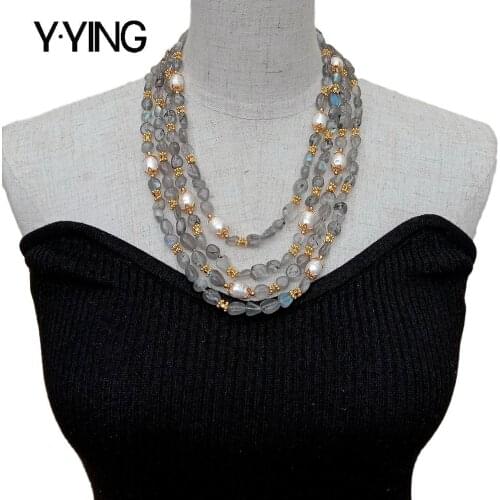 Y·YING Natural 4 Strands Labradorite Cultured White Rice Pearl Necklace 19.5"