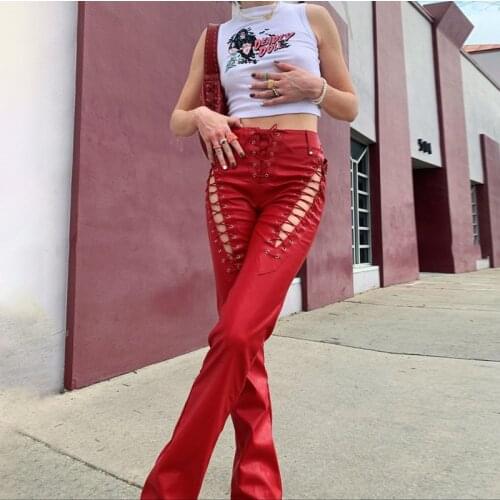 Fashion Faux PU Y2K High Waist Pants Women Chic Hollow Out Bandage Sexy Summer Trend Leather Club Trousers Slim Streetwear