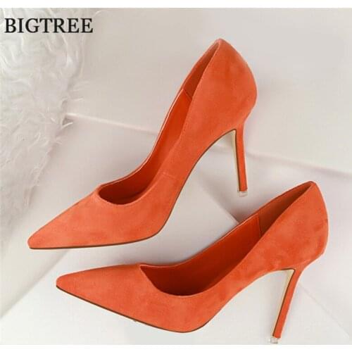 2020 New High Heels Women Fashion Pointed Toe Office Shoes Womens Solid Flock Shallow High Heels Shoes for Women 9 Colors