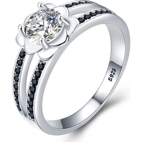SODROV 925 Sterling Silver Finger Ring Black Spinel Engagement Rings for Women Female Flower Sterling Silver Jewelry G092