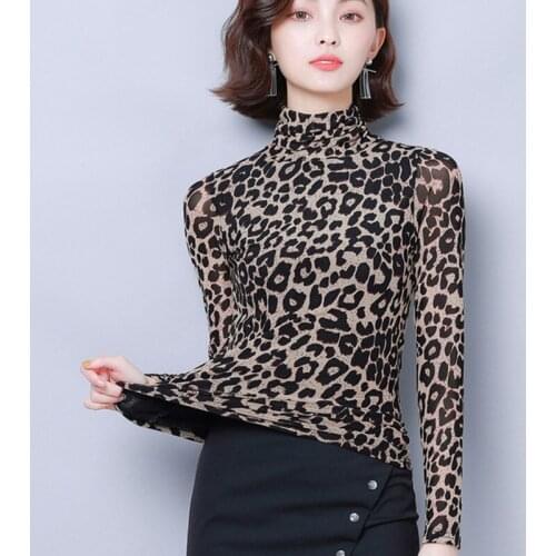 Animal Print Blouse Women Plus Size Casual Long Sleeve Shirt Vintage Hight Neck Office Work Leopard Blouse Women Spring Tops