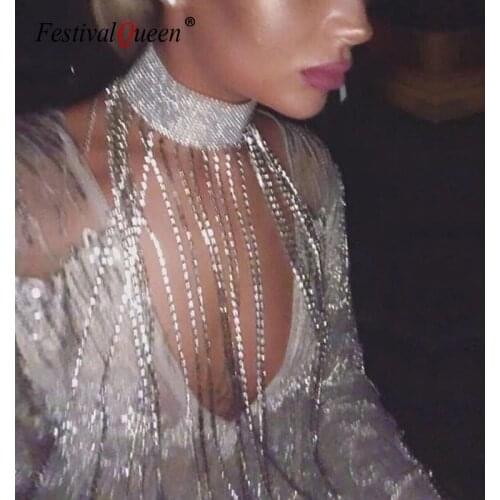 Gold Silver Sparkle Diamonds Dresses Rhinestone Long Tassel Body Chain Loose Sexy Women Night Club Party Luxury Mini Dress 2020