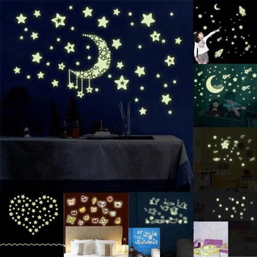 1 Set Kids Baby Room Bedroom Fluorescent Glow In The Dark Stars Moon Glow Wall Stickers Stars Luminous Glow Sticker Home Decor
