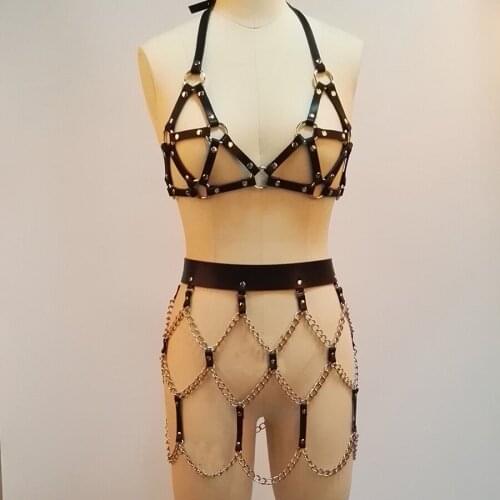 100% Handcrafted Gothic Women Harness Leather Bra Punk Top Bondage Skirted Dress Belt Waist Straps Lingerie
