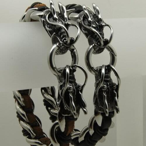 2 dragon playing with circle woven leather 316 stainless steel bracelet new