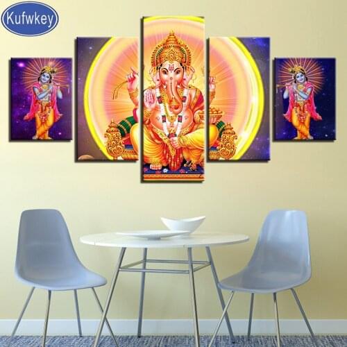 Diy 5d diamond painting Elephant Trunk God Ganesha 5 Pieces animal diamond embroidery Multi Panel Pictures,home decor