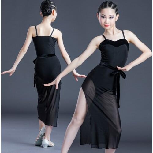 Children Latin Dance Dress Girls Summer Sling Black Latin Dance Practice Suit Sexy Performance Dress Ballroom Dance Wear