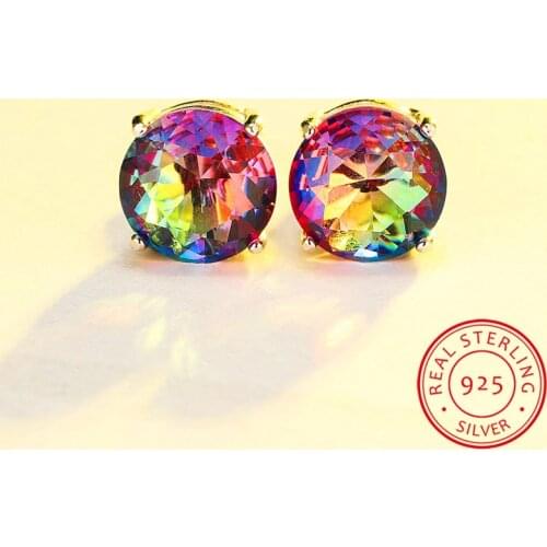 Classic Female 6/7/8mm Rainbow Zircon Earrings 100% Real 925 Sterling Silver Earrings For Women Charm Round Small Stud Earrings